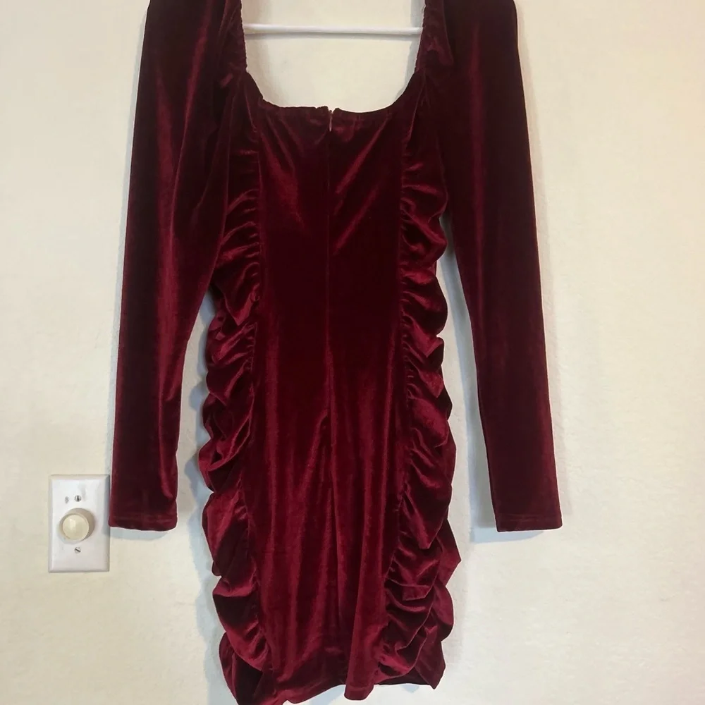 Privy Large Velvet Red Long Sleeve Rouched Vampy Goth Dark Romantic Mini Dress